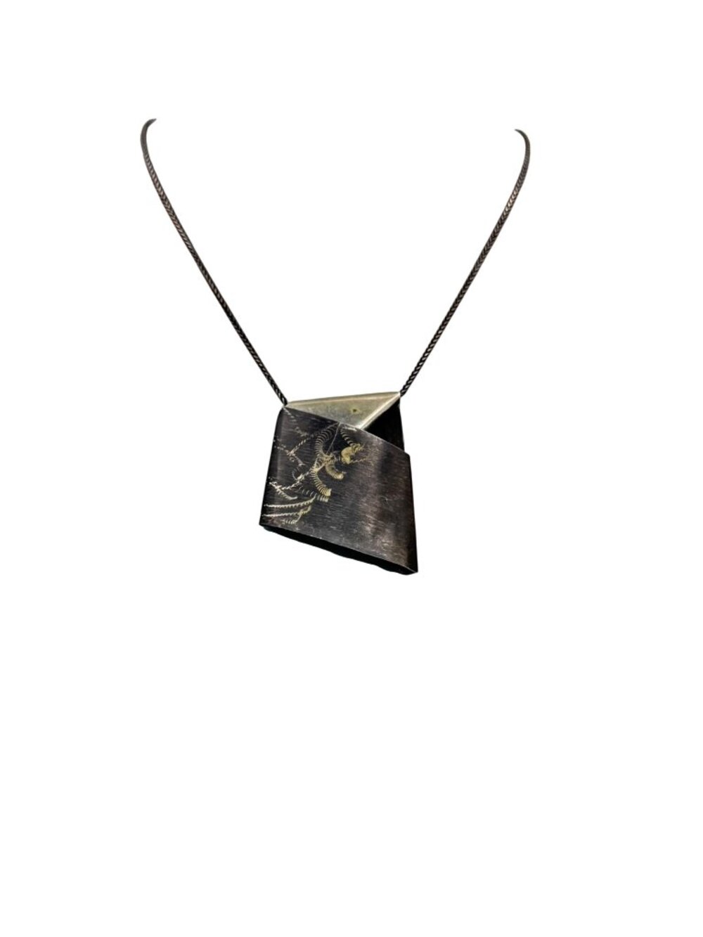 Abstract Signed Sterling Silver Pendant Necklace Folded Etched 925 Italy Chain